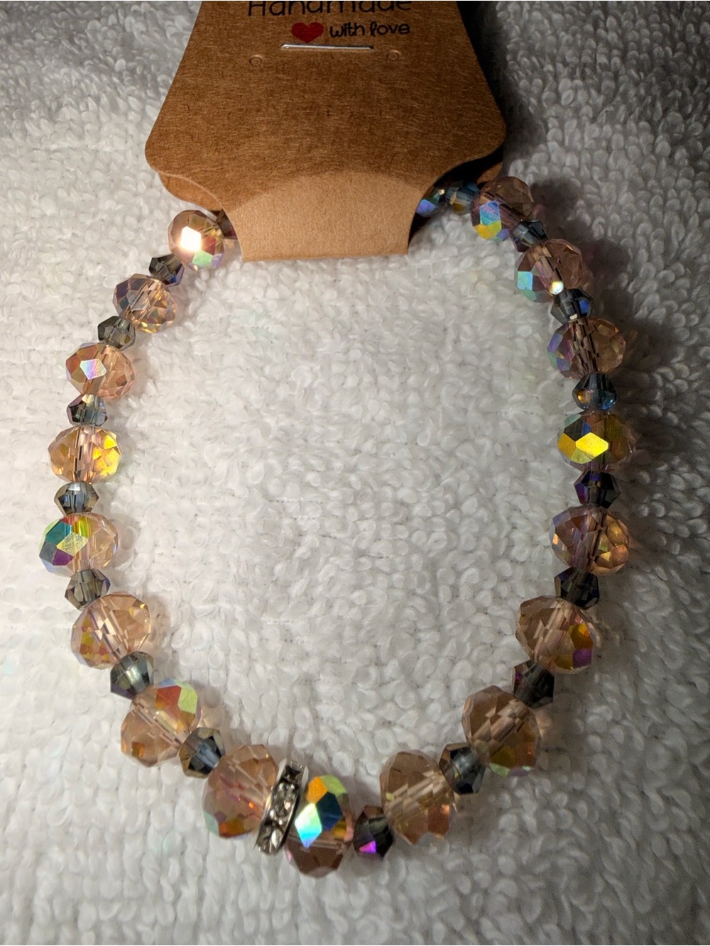 Handmade Crystal Necklace in Pink-Beige Aurora Finish